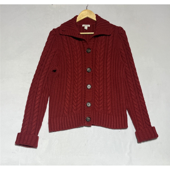 St Johns Bay Cable Knit Cardigan Sweater Womens Large Red Collared Button Up - Picture 1 of 13